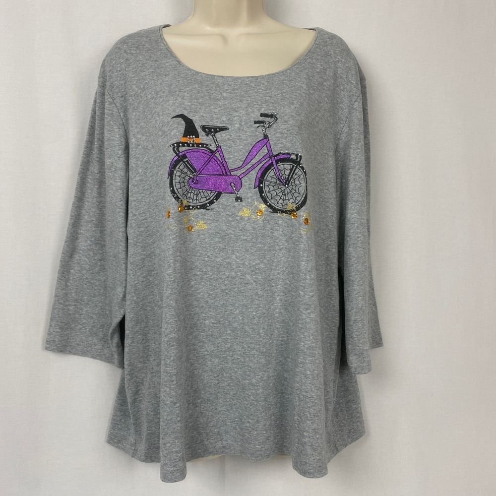 Karen Scott Halloween Top Women 2X Gray Witchy Whimsical Rhinestone Bling Tee